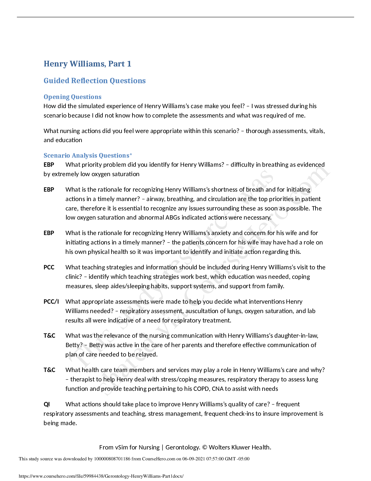 Preview of Gerontology Henry Williams Part1 Guided Reflection And Scenario Analysis Questions And Ans