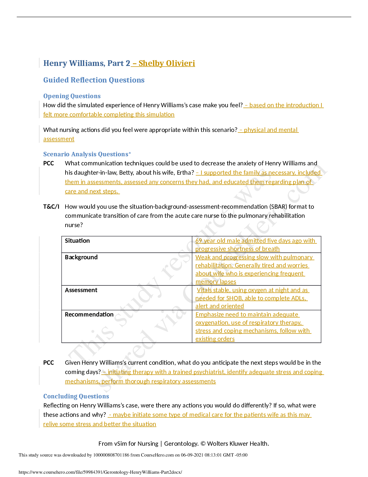 Preview image of Gerontology Henry Williams Part 2 Guided Reflection And Scenario Analysis(Complete Solution) document
