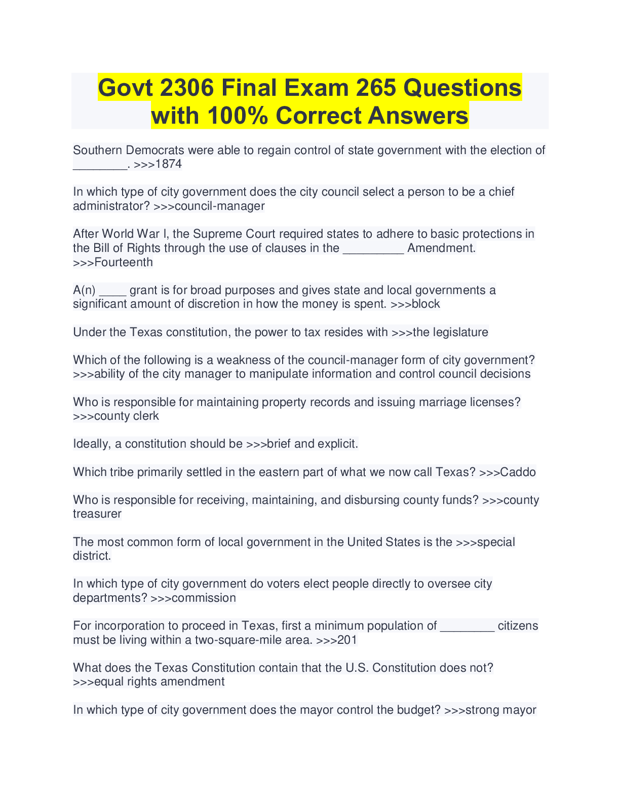 Govt 2306 Final Exam 265 Questions with 100% Correct Answers ...