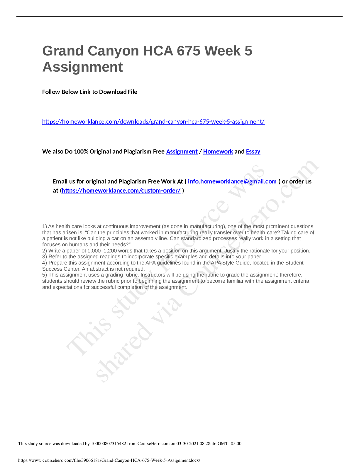 Preview of HCA 675 Week 5 Assignment, Standardization of Health Care