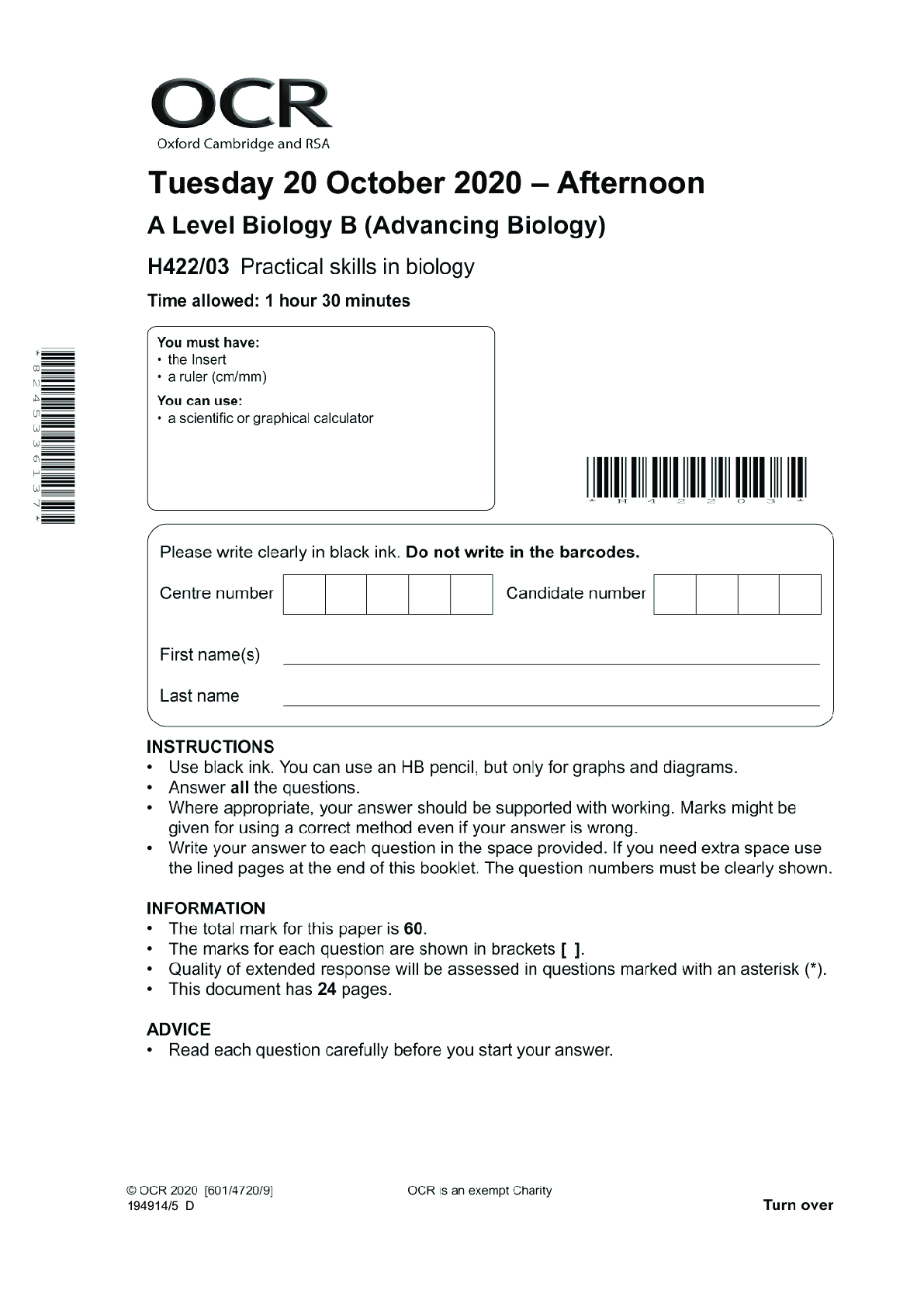 Biology B H422/03: Practical skills in biology Advanced GCE QUESTION ...