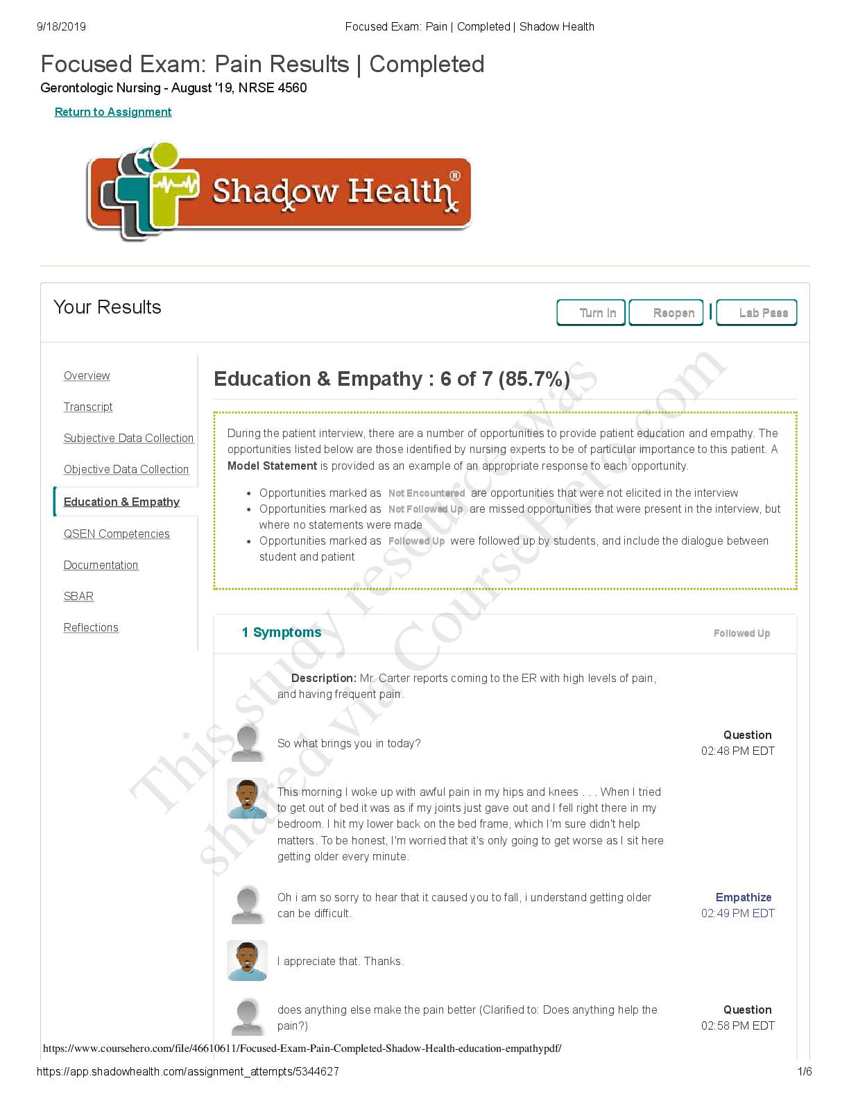 Recommended document preview for NRSE 4560 Gerontologic Nursing Edward Carter 65 year old African American male with back pain EDUCATION & EMPATHY -SHADOW HEALTH  Focused Exam