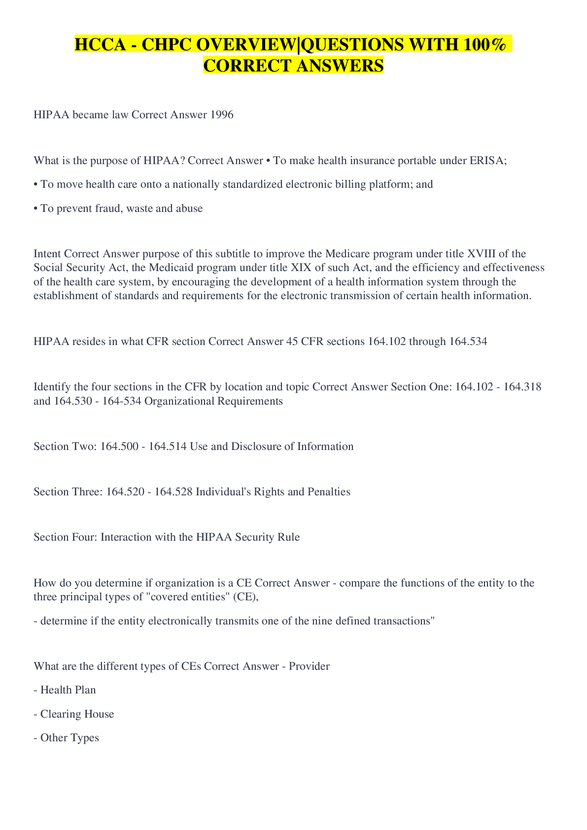 Preview image for HCCA - CHPC OVERVIEW|QUESTIONS WITH 100% CORRECT ANSWERS