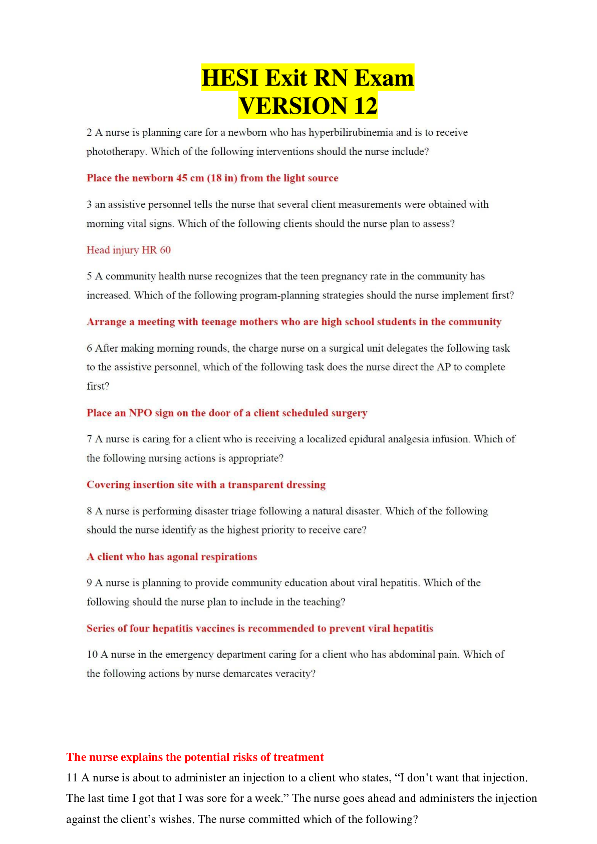 HESI Exit RN Exam Version 12 Questions & Answers with Rationale ...