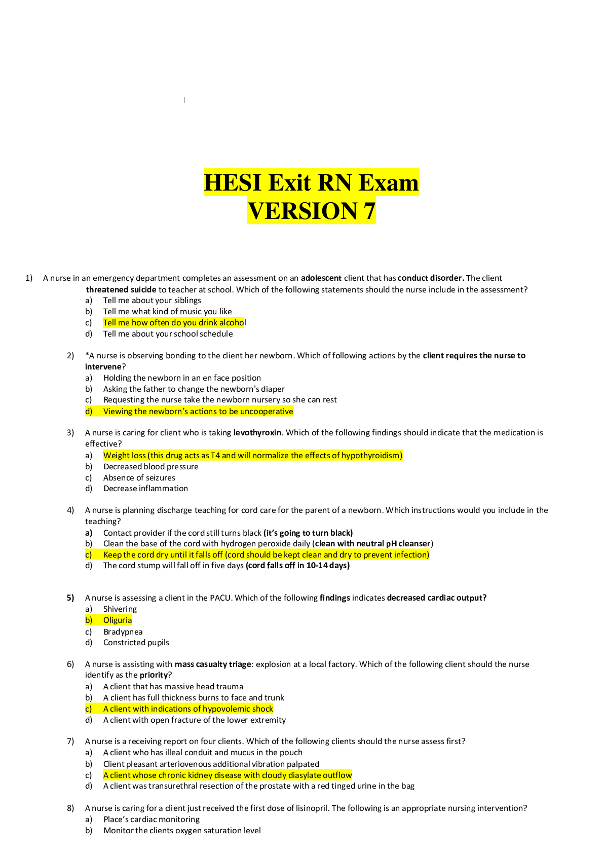 HESI Exit RN Exam Version 7 Questions & Answers with Rationale ...