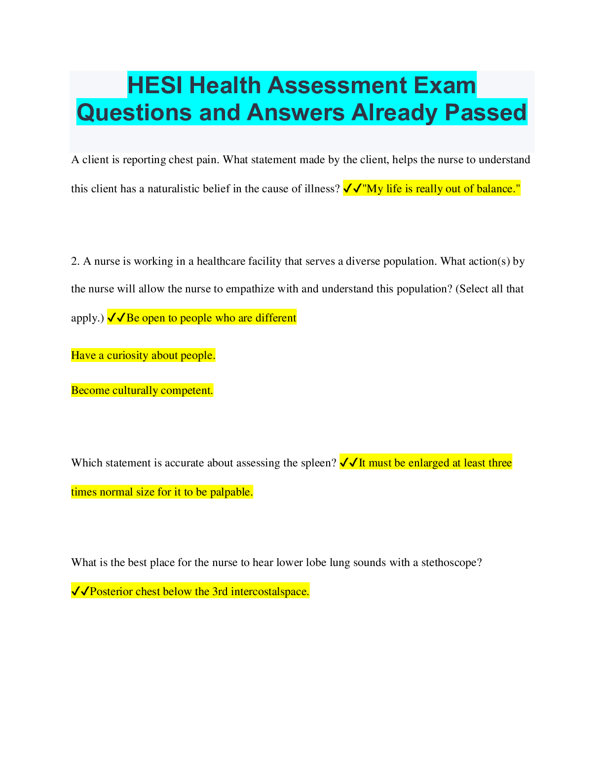 HESI Health Assessment Exam Questions and Answers Already Passed ...
