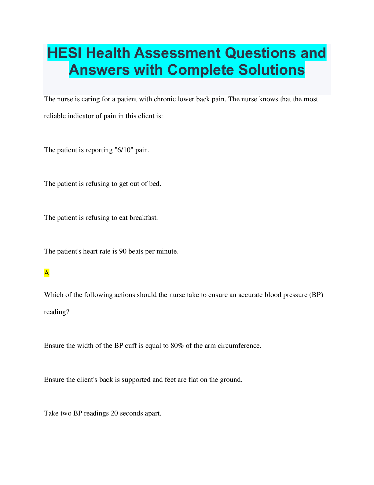 HESI Health Assessment Questions and Answers with Complete Solutions ...