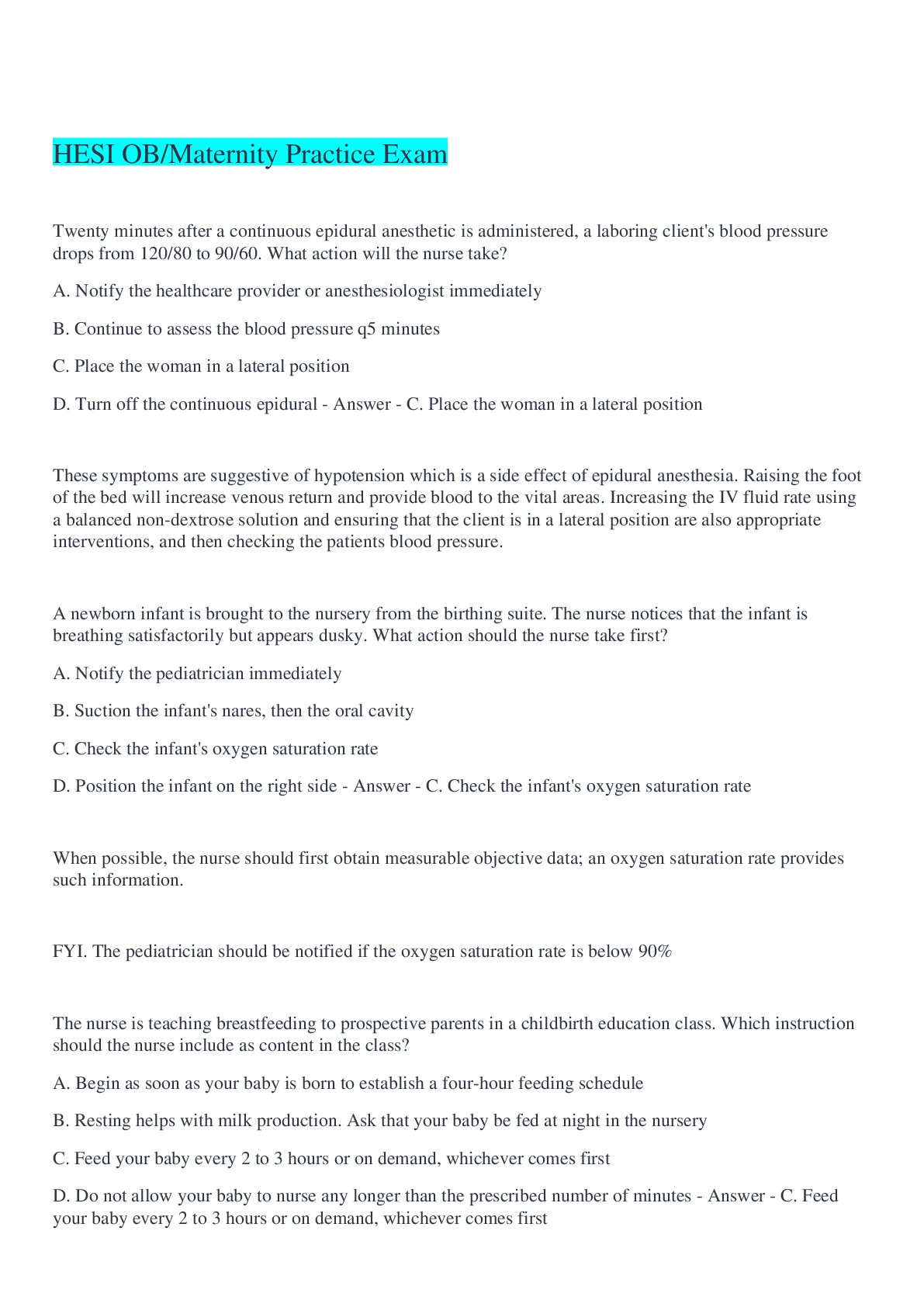 HESI OB/Maternity Practice Exam Questions And Answers 2022/2023 ...