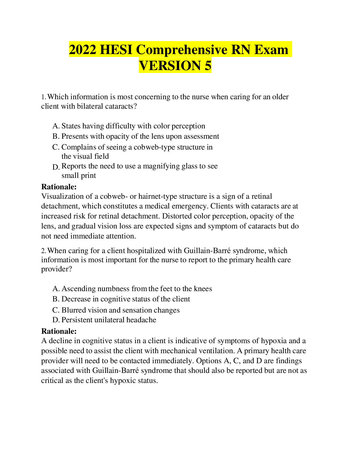 HESI RN Comprehensive Exam Version 5 Questions & Answers with Rationale ...