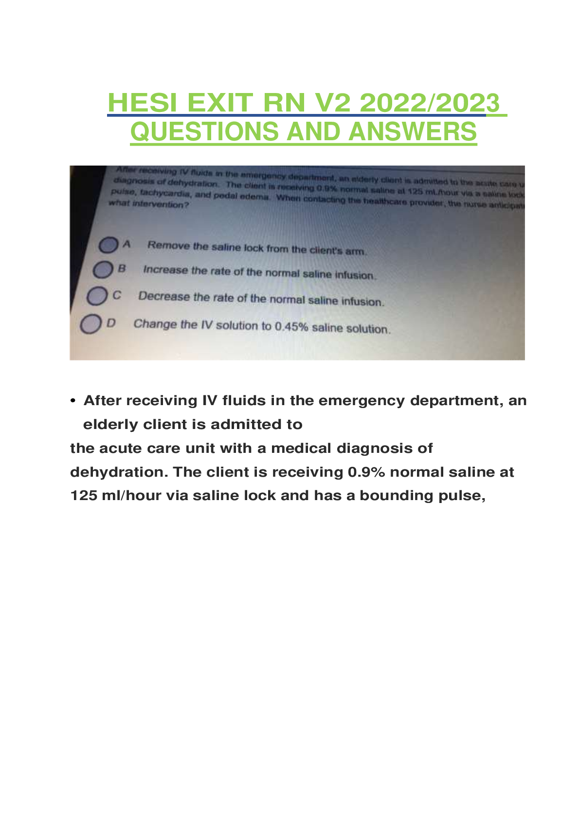 HESI EXIT RN EXAM V2 (2022/2023) SCREENSHOTS AND 160 REVIEW QUESTIONS ...