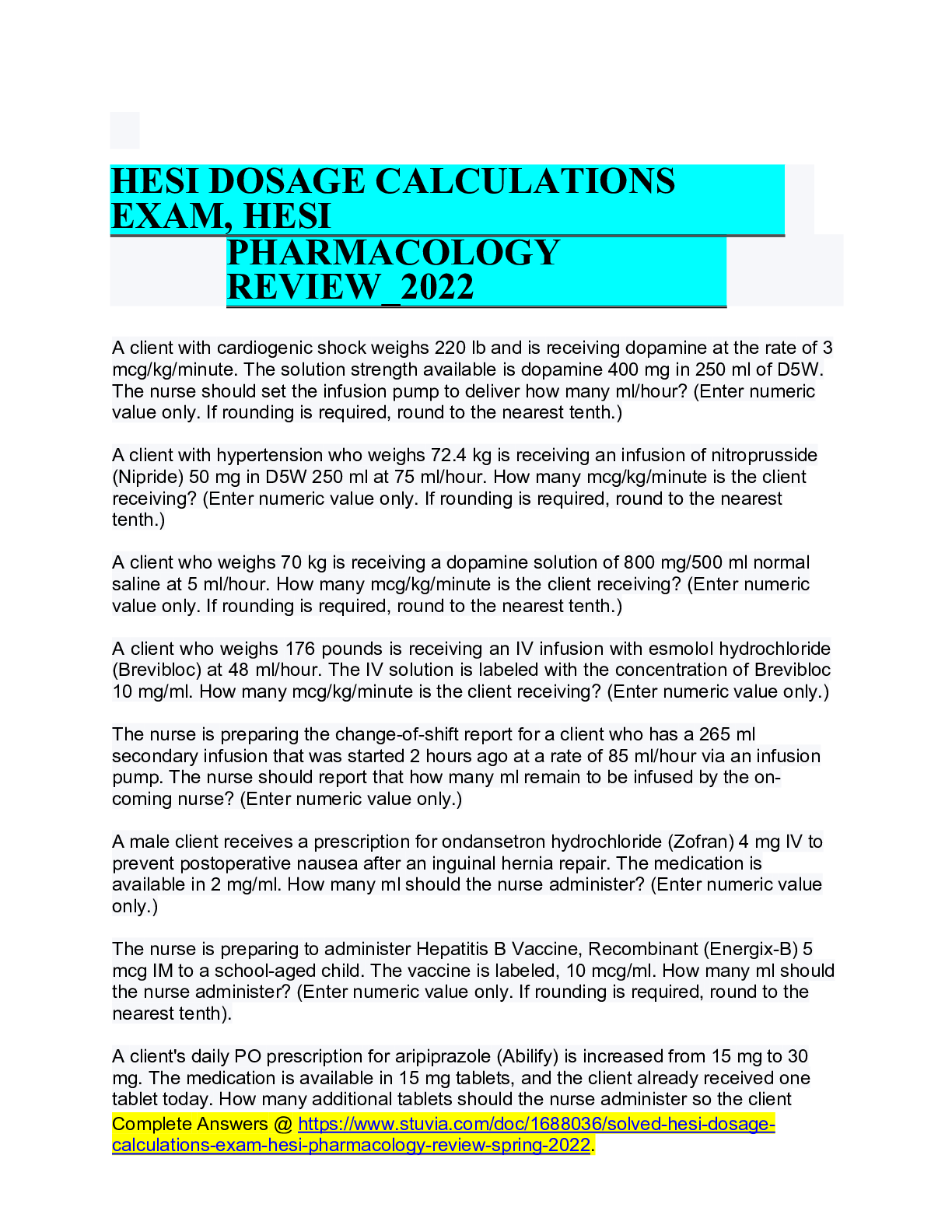 Preview of HESI Dosage Calculations Exam, Hesi	 	Pharmacology Review_2022
