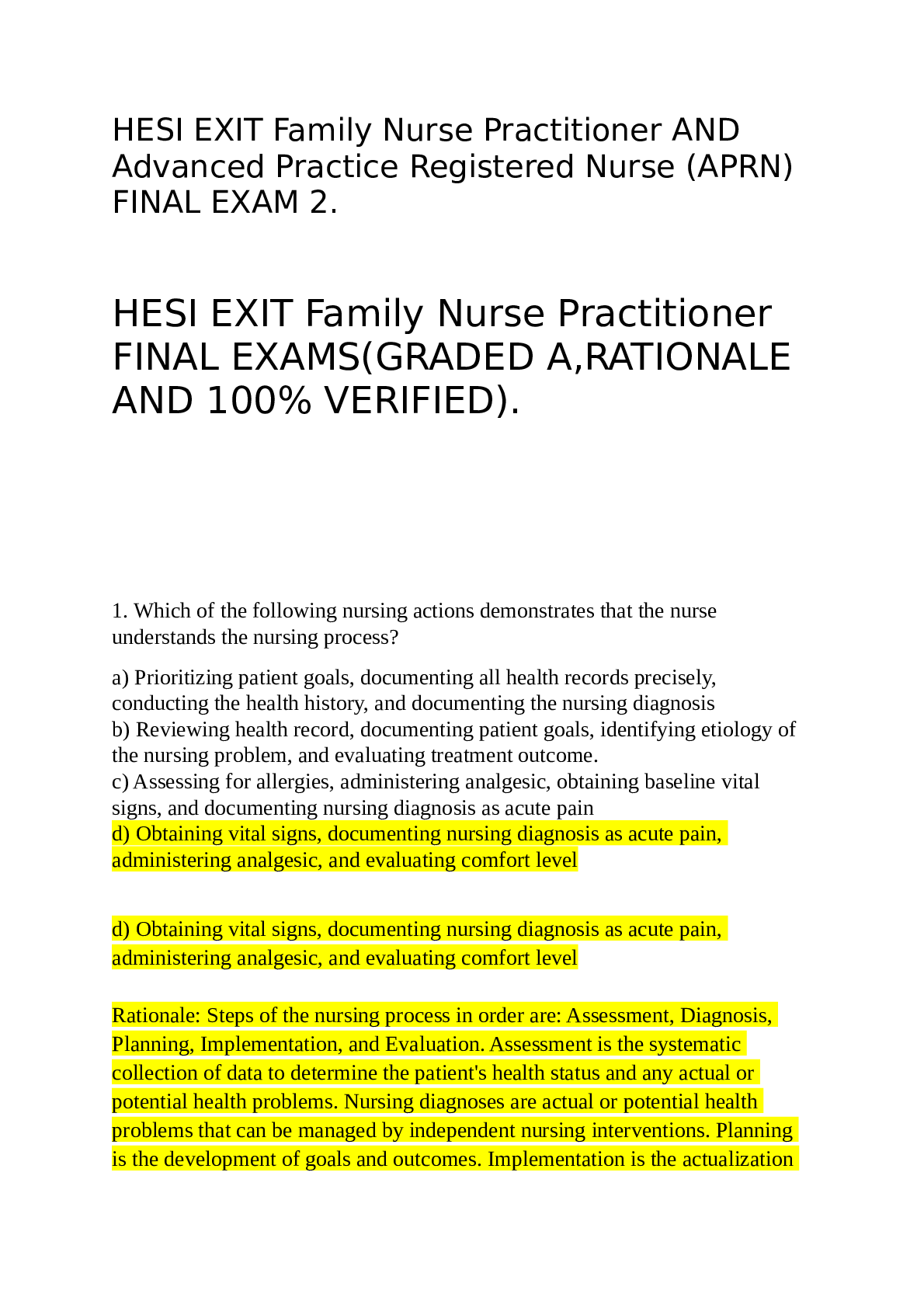 Recommended document preview for HESI EXIT Family Nurse Practitioner FINAL EXAMS(GRADED A,RATIONALE AND 100% VERIFIED).