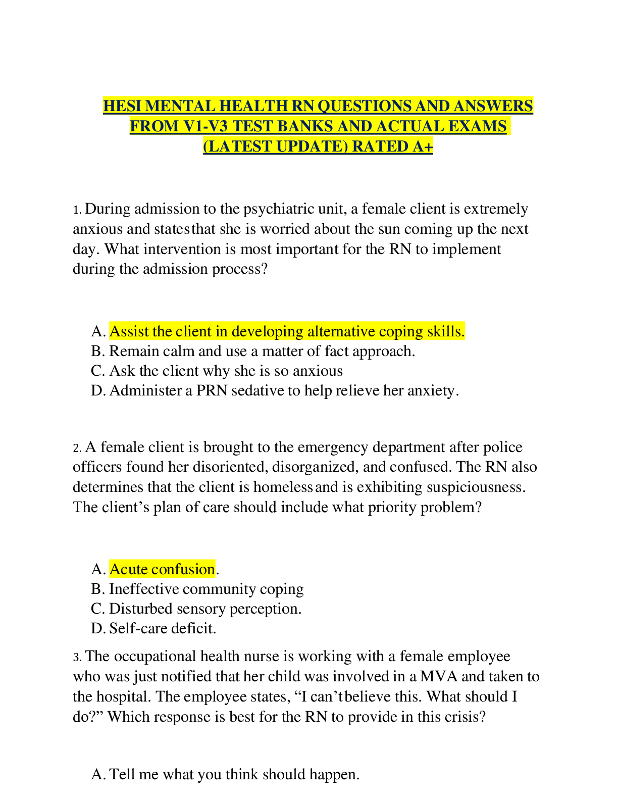 Preview image for HESI MENTAL HEALTH RN QUESTIONS AND ANSWERS FROM V1-V3 TEST BANKS AND ACTUAL EXAMS (LATEST UPDATE) RATED A+