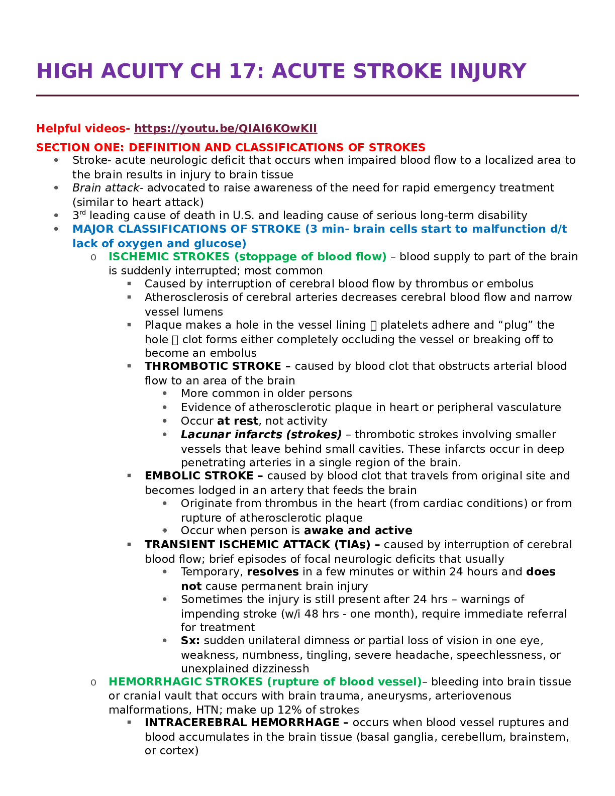 Preview of RNSG 2203 HIGH ACUITY CH 17 : ACUTE STROKE INJURY/ All Correct Study Guide, Download to Sc