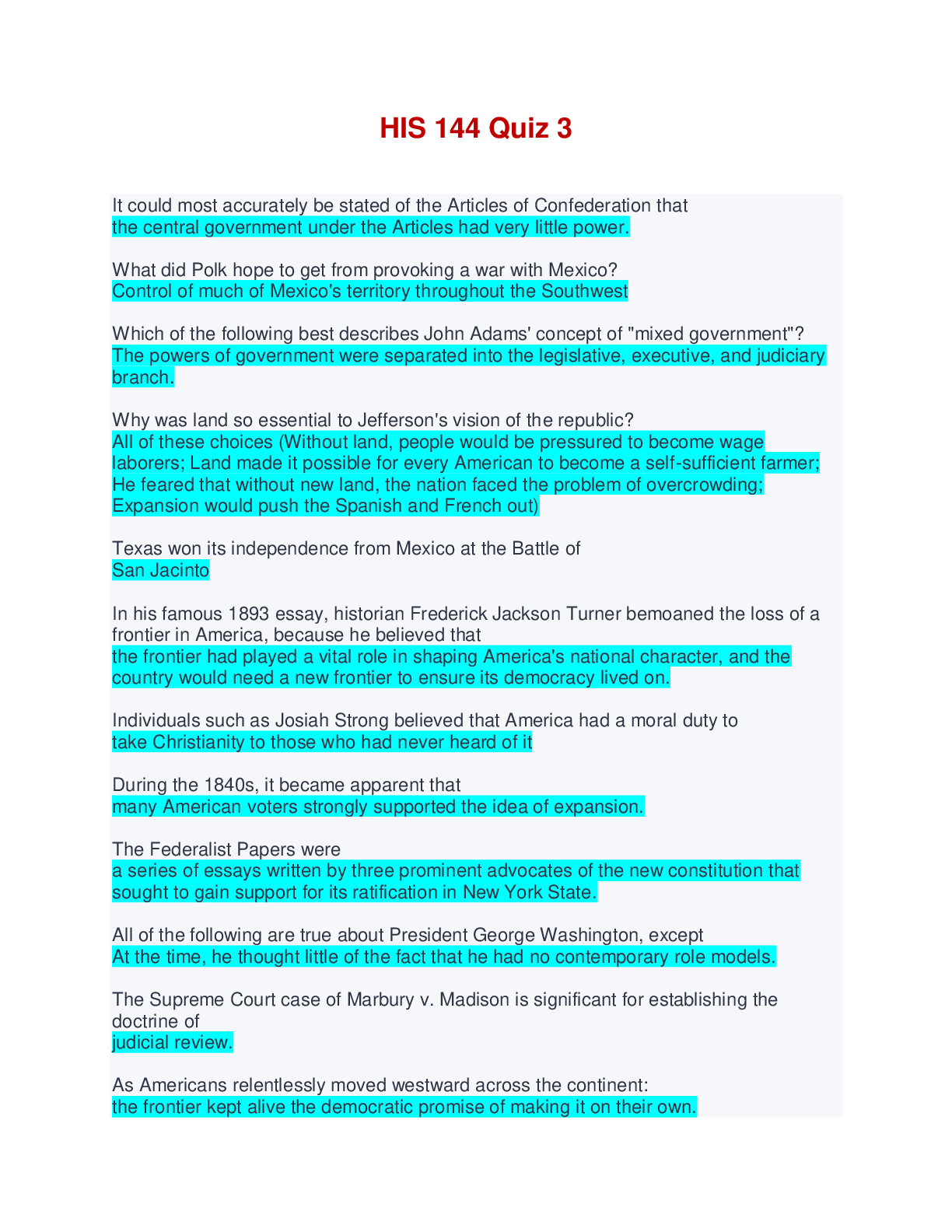 HIS 144 Quiz 3 | 19 Questions and Answers | ScholarFriends