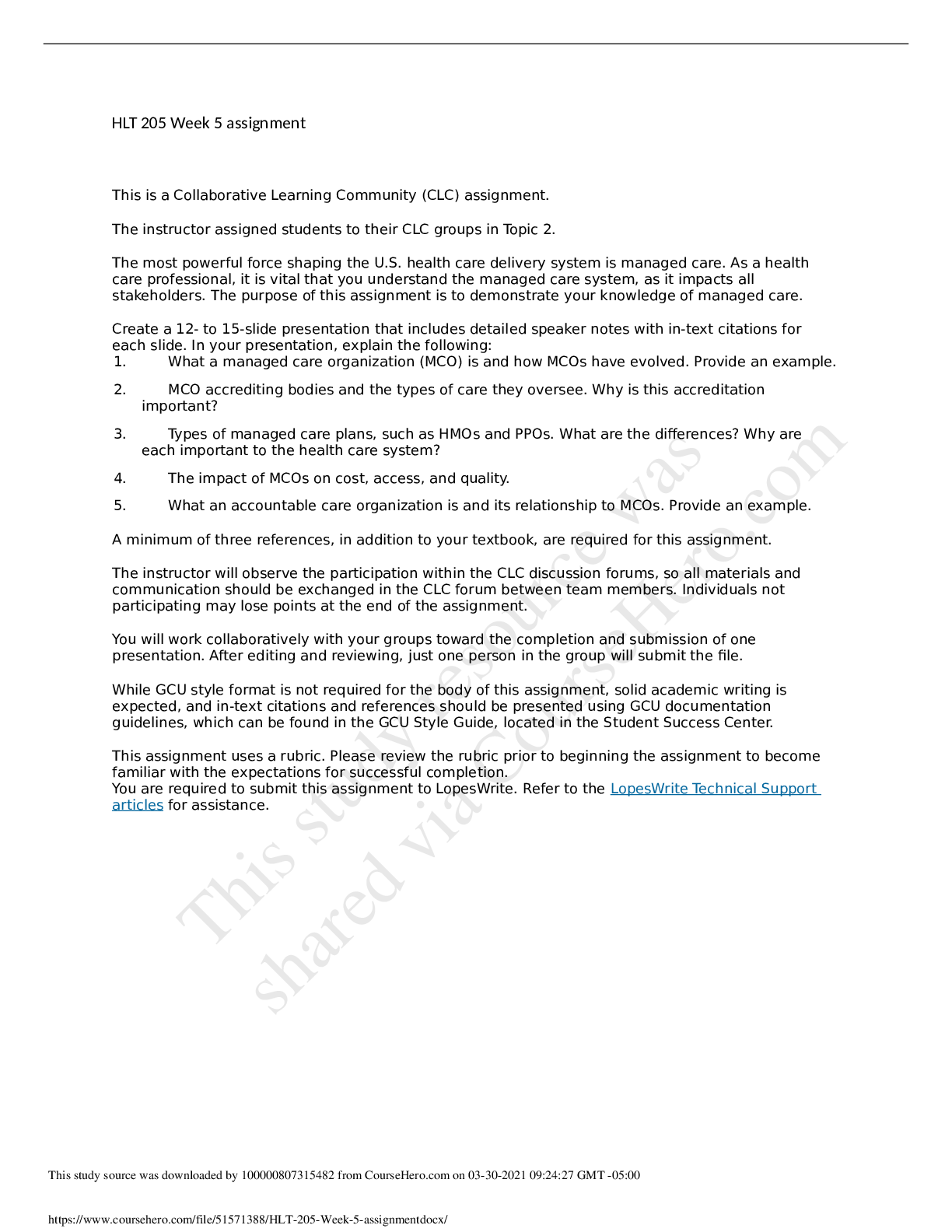 Preview image of HLT 205 Week 5 CLC Assignment, Managed Care Presentation 1 2020 document