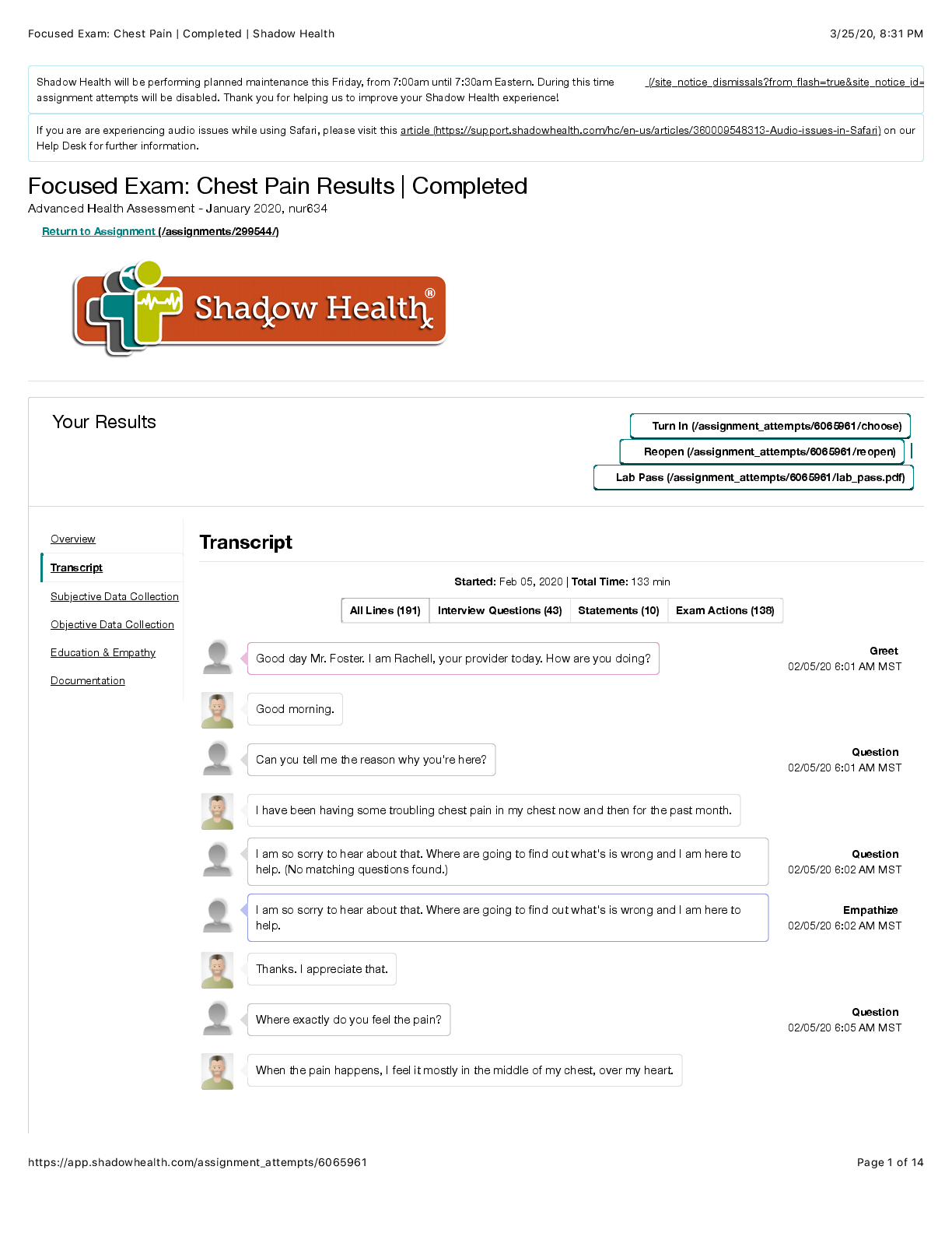 Preview of NUR 634 Focused Exam: Chest Pain Results | Completed Advanced Health Assessment Transcript - Interview Questions (43)