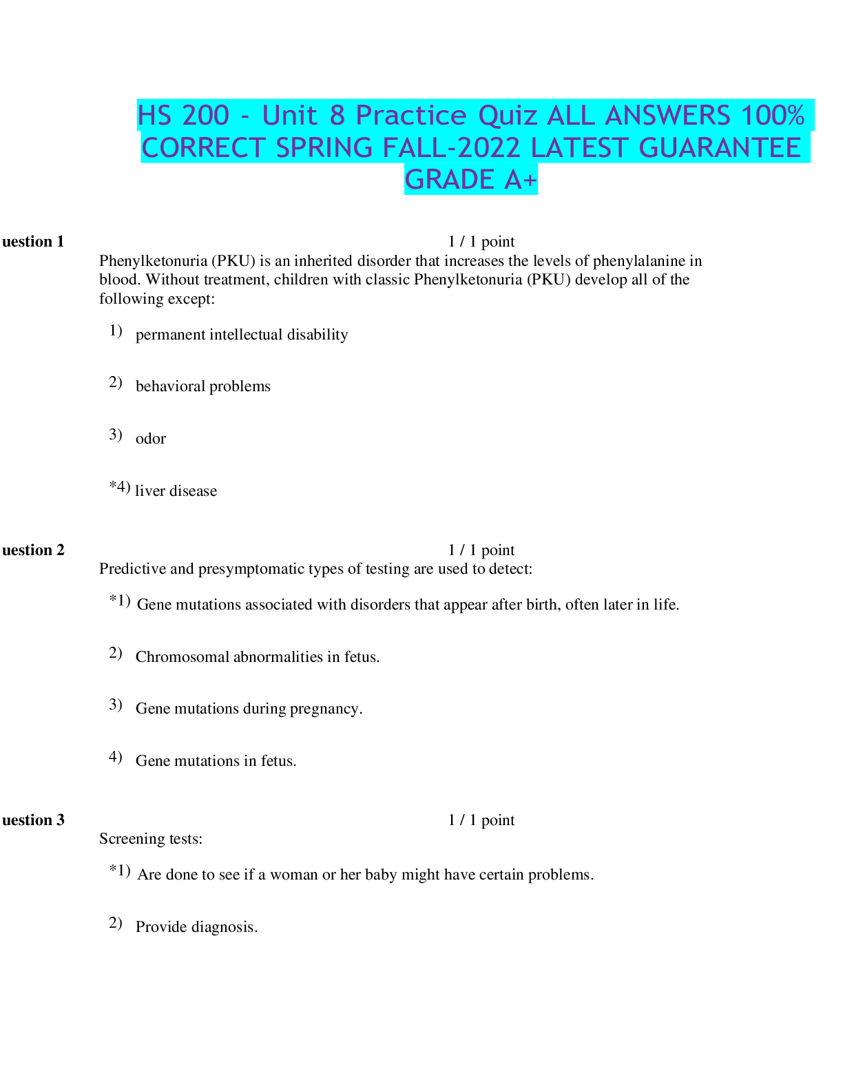 Preview image for HS 200 - Unit 8 Practice Quiz ALL ANSWERS 100% CORRECT SPRING FALL-2022 LATEST GUARANTEE GRADE A+