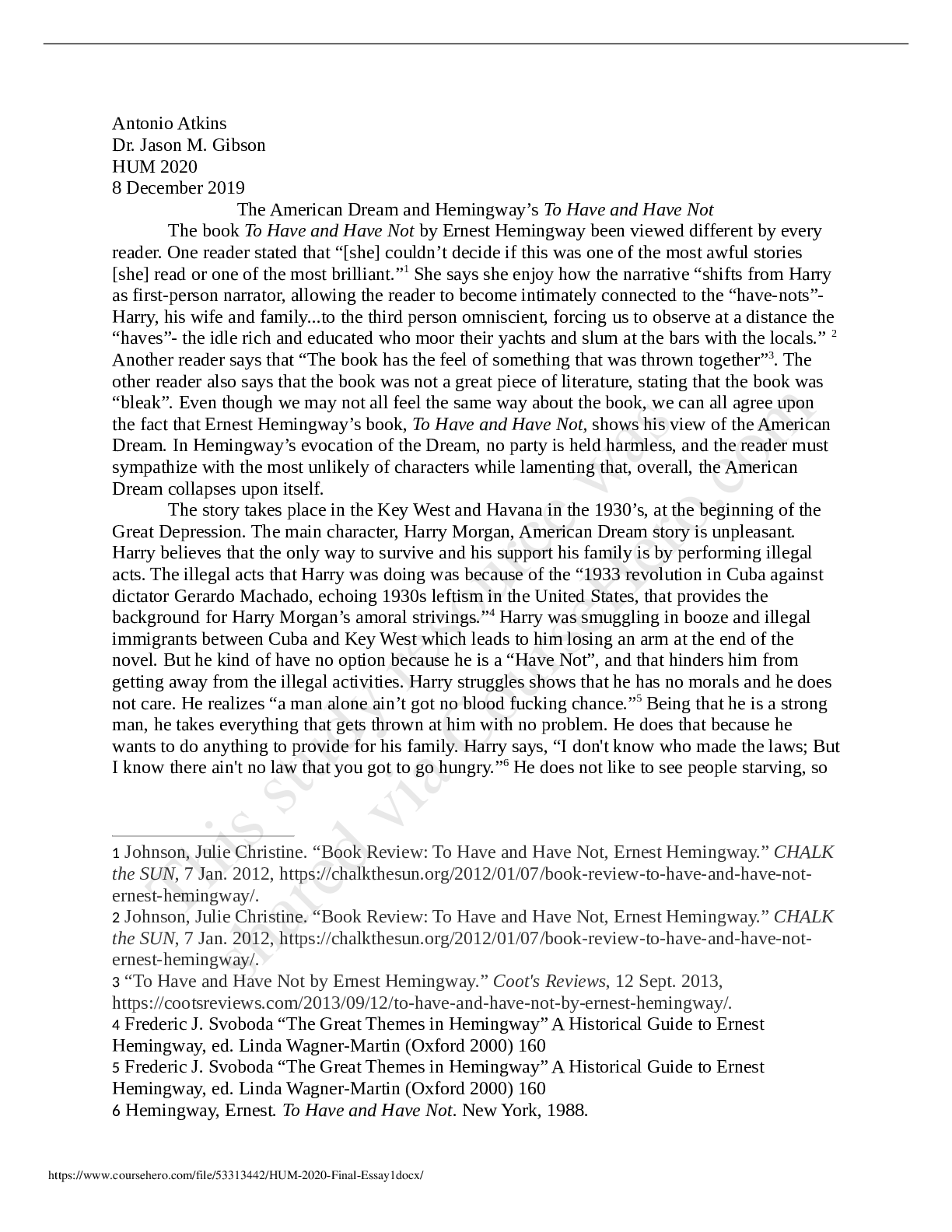 Preview of HUM 2020 Final Essay1 The American Dream and Hemingway’s To Have and Have Not