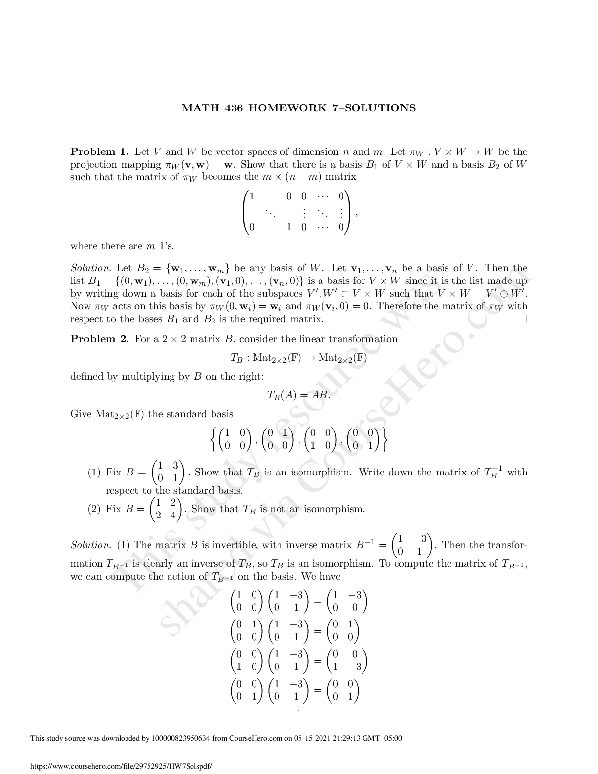 Preview image for MATH 436HW7  MATH 436 HOMEWORK 7–SOLUTIONS