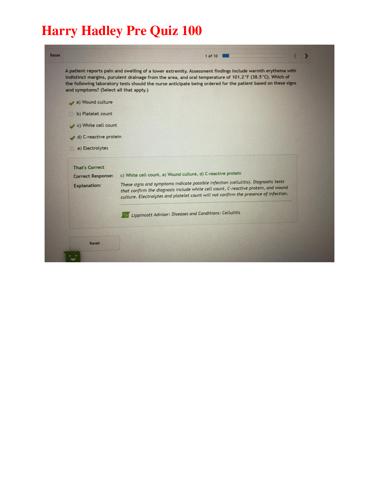 Preview image of Harry Hadley Pre Quiz 100 Complete Solutions document