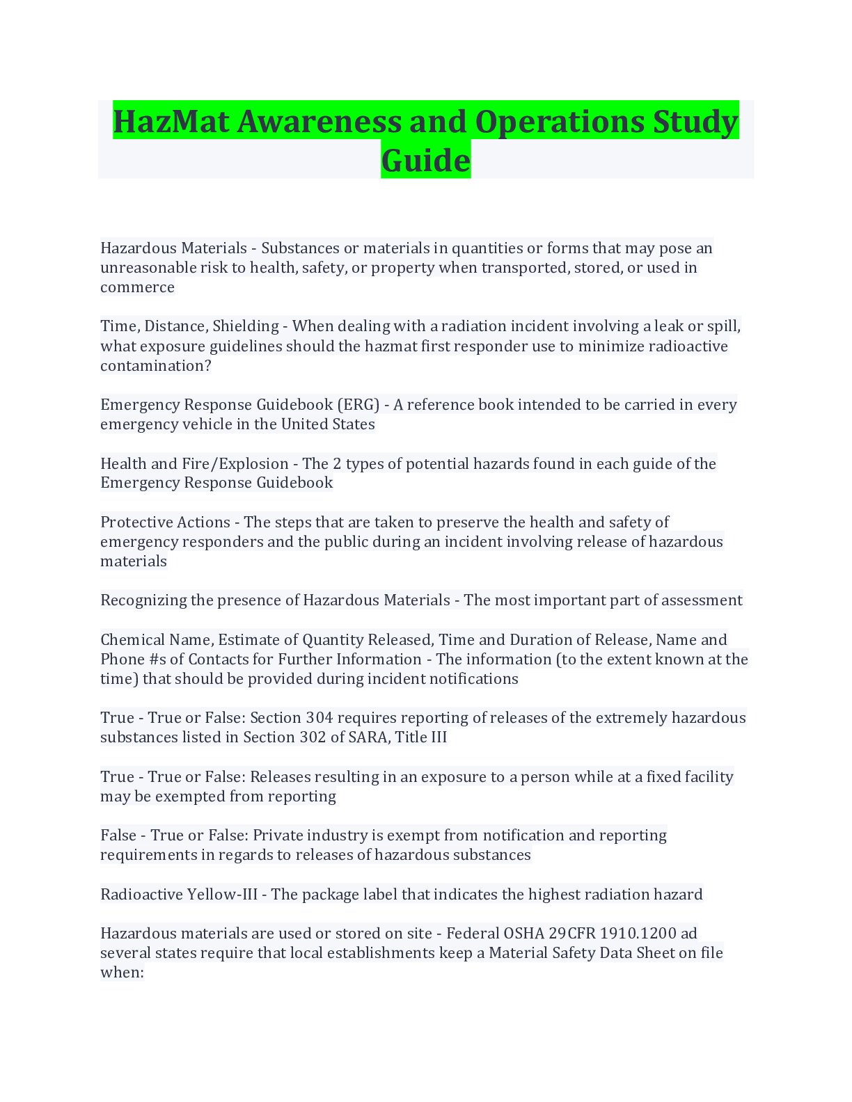 HazMat Awareness and Operations Study Guide Terms And Explanations ...