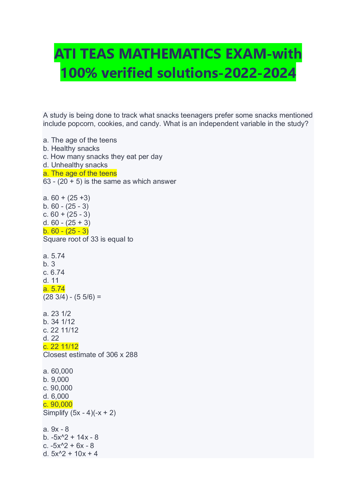Recommended document preview for ATI TEAS MATHEMATICS EXAM-with 100% verified solutions
