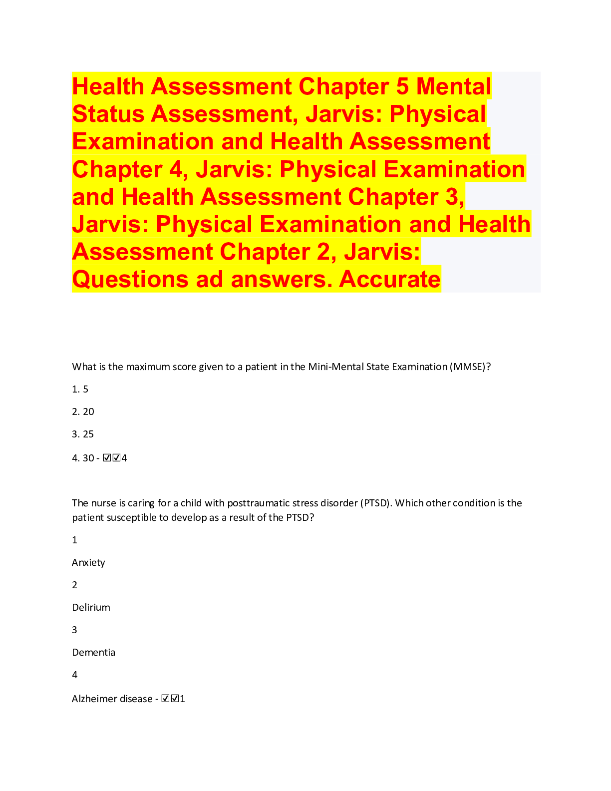 Health Assessment Chapter 5 Mental Status Assessment, Jarvis: Physical ...