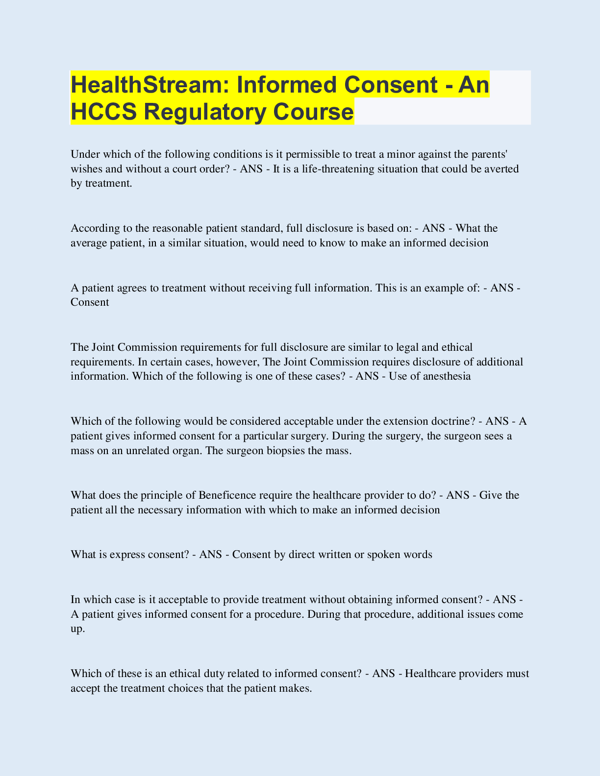 Preview image for HealthStream: Informed Consent - An HCCS Regulatory Course | with 100% Correct Answers | Updated & Verified