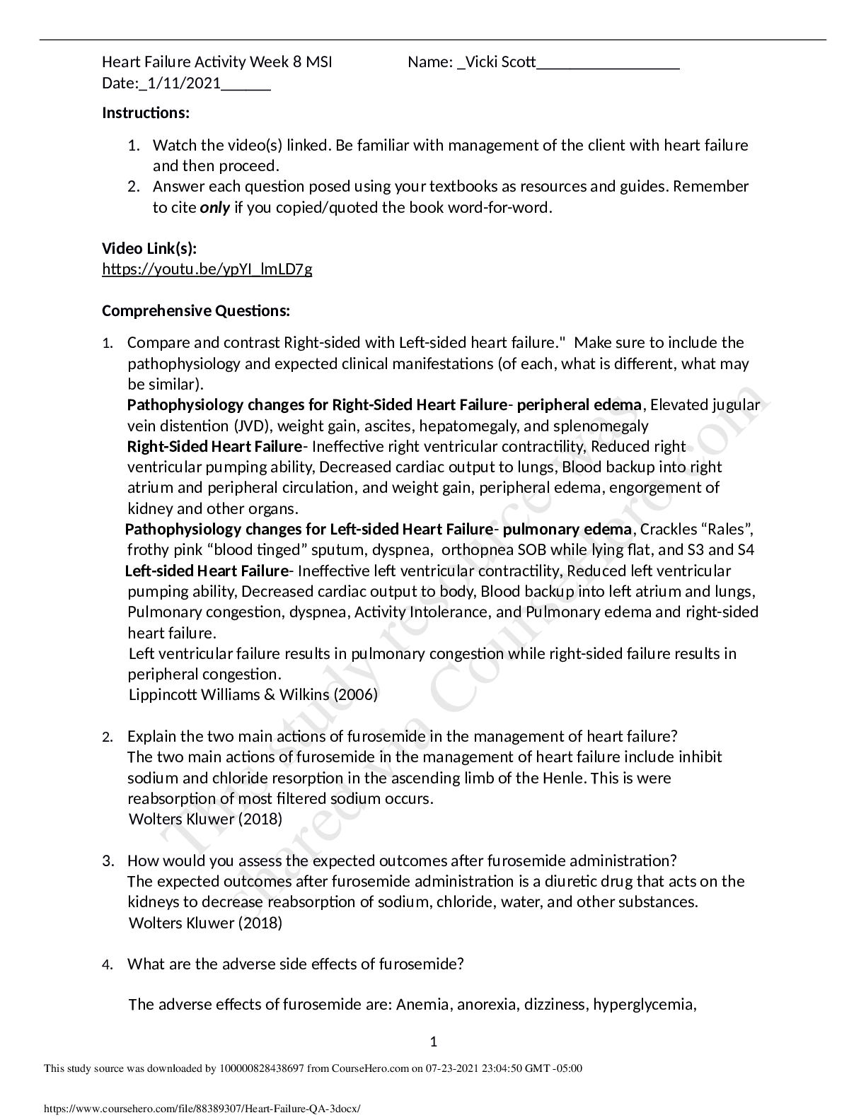 Preview image of Heart Failure Q & A Week 8 2021 Activity document