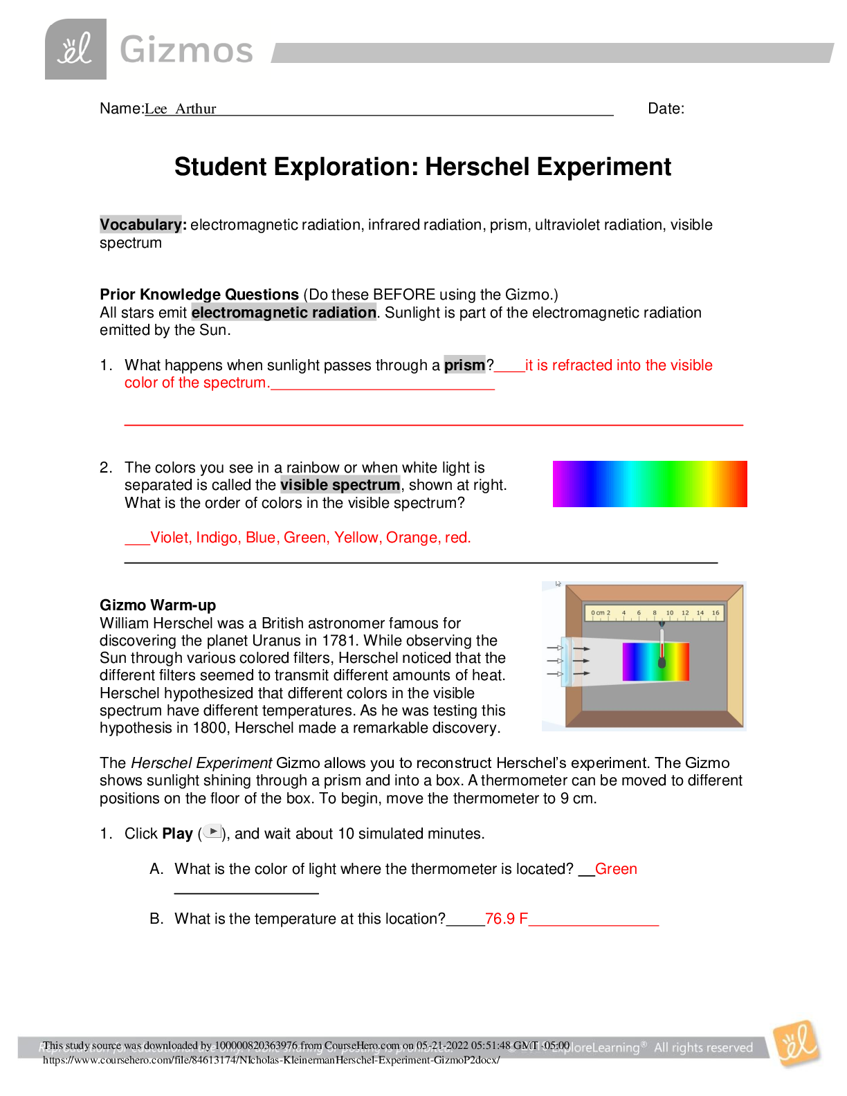 Preview image of Gizmos Student Exploration: Herschel Experiment Answer Key document