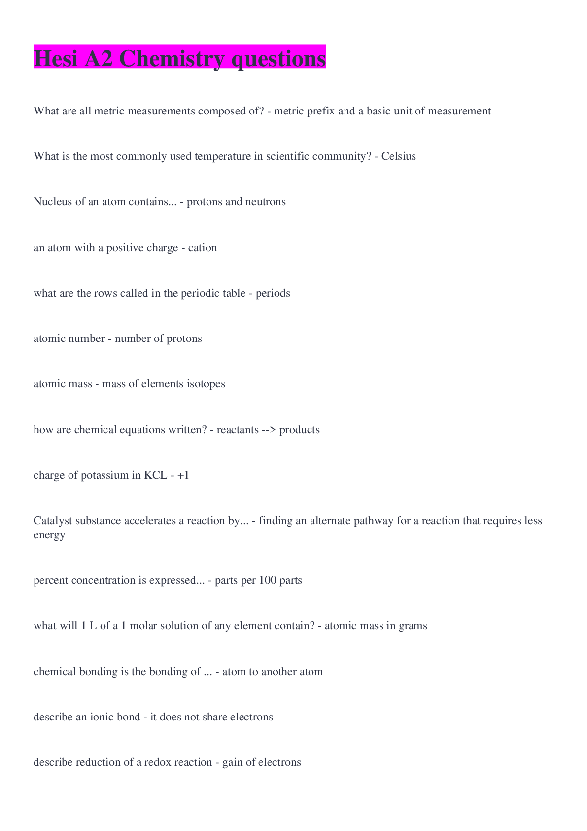 HESI A2 Chemistry Possible Questions: Answers: Latest Updated ...