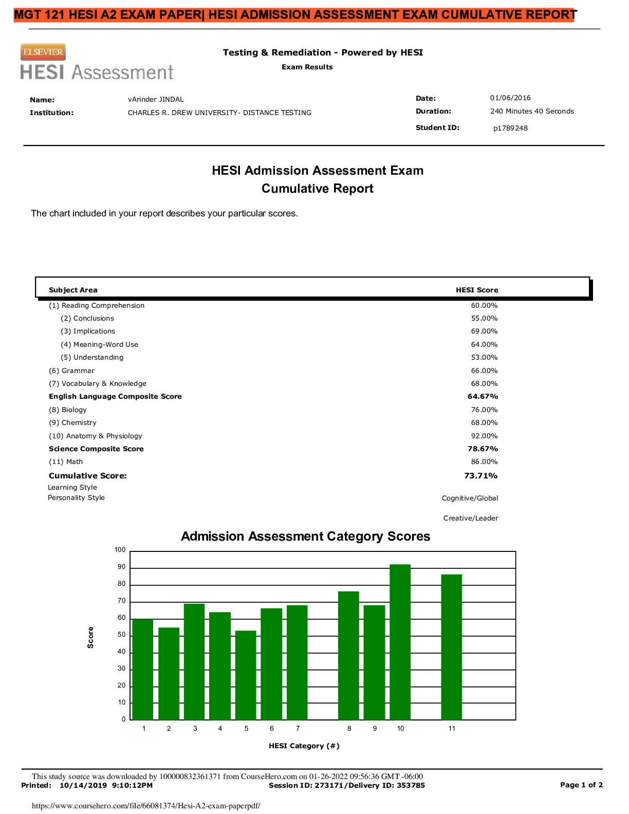 Preview image for MGT 121 HESI A2 EXAM PAPER| HESI ADMISSION ASSESSMENT EXAM CUMULATIVE REPORT