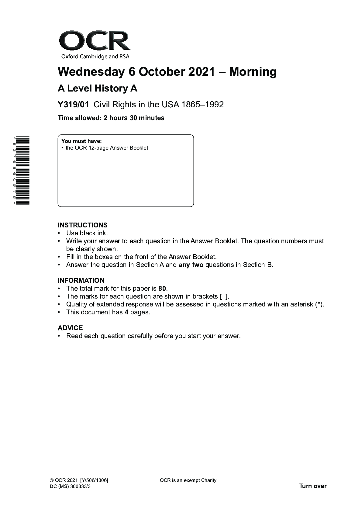 OCR_A Level History A_Y319/01 Question Paper & Mark Scheme 2021 | Civil ...