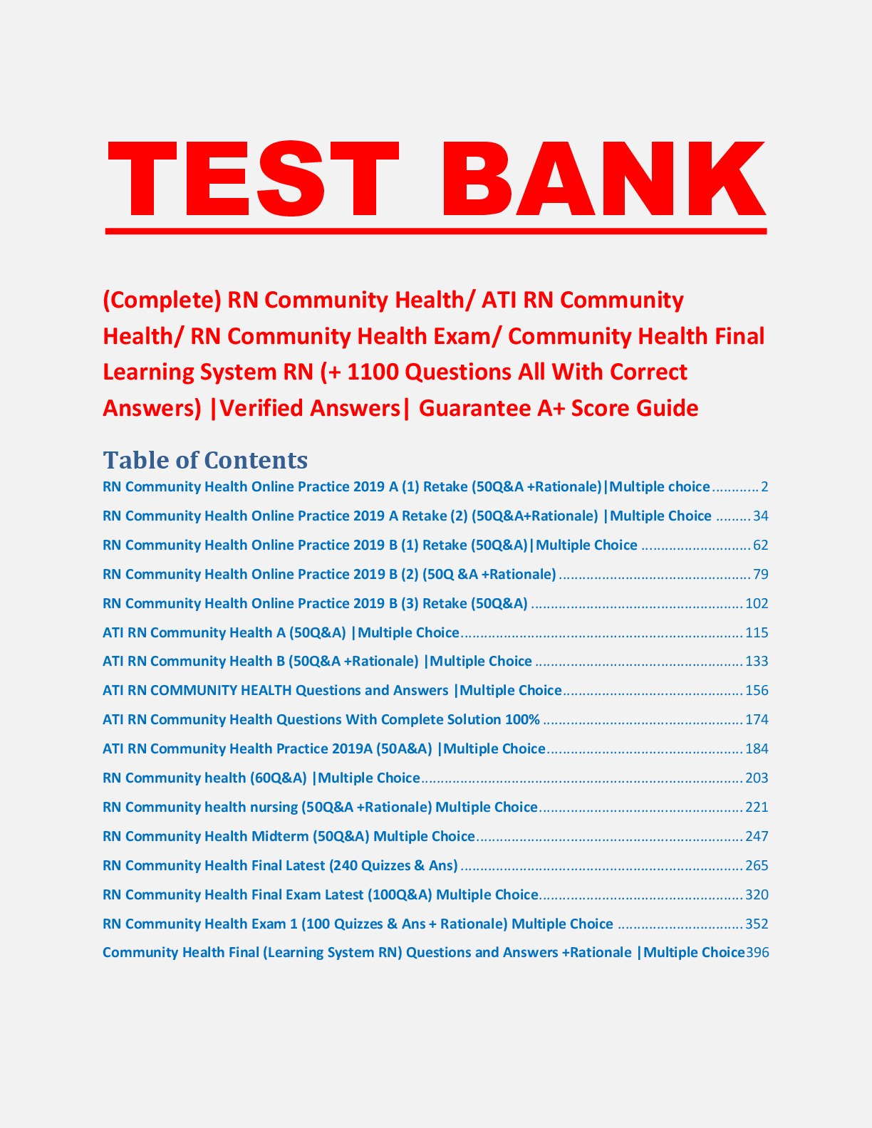 Recommended document preview for ATI RN Community Health Final Learning System RN | 1100+ Questions All With Correct Answers TEST BANK