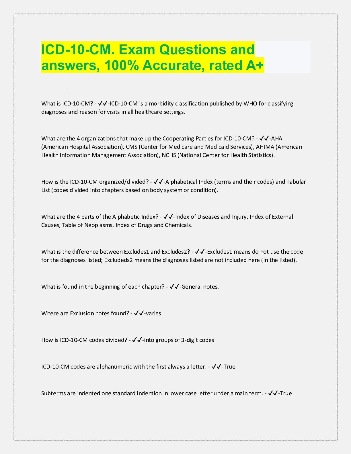 Preview image for ICD-10-CM. Exam Questions and  answers, 100% Accurate, rated A+