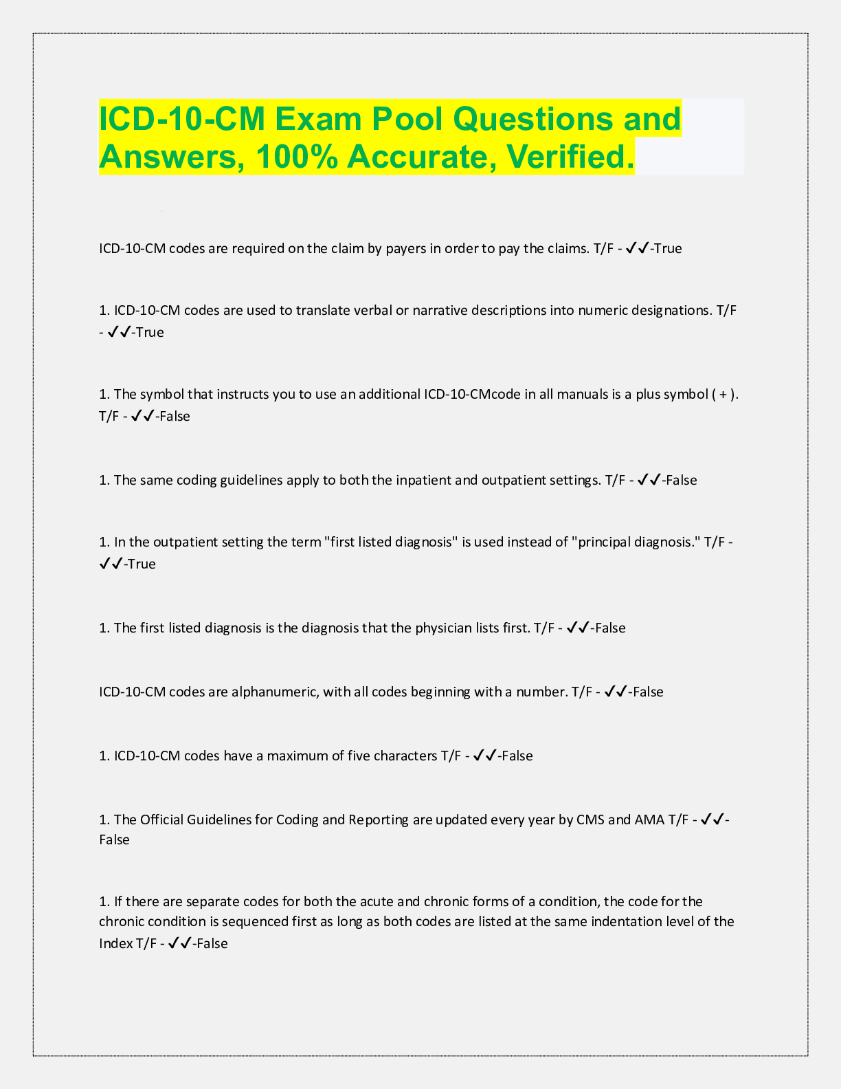 Preview image for ICD-10-CM Exam Pool Questions and Answers, 100% Accurate, Verified.