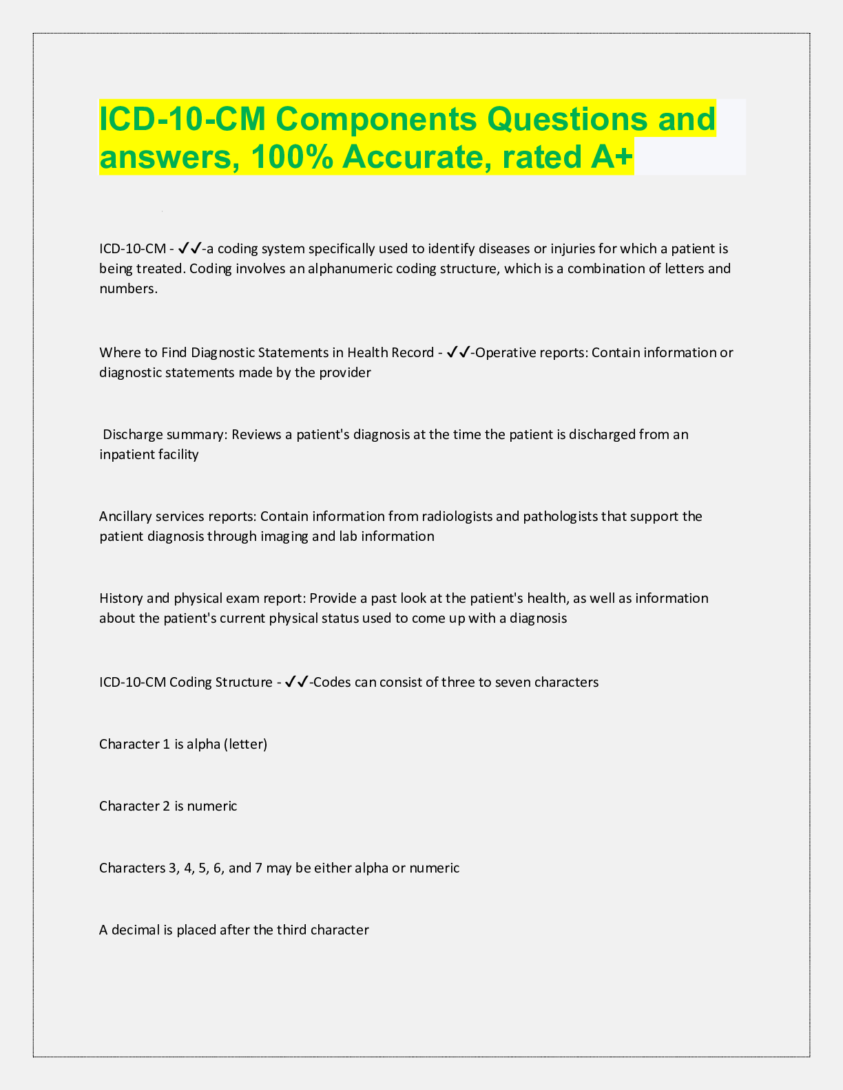 Preview image for ICD-10-CM Components Questions and  answers, 100% Accurate, rated A+