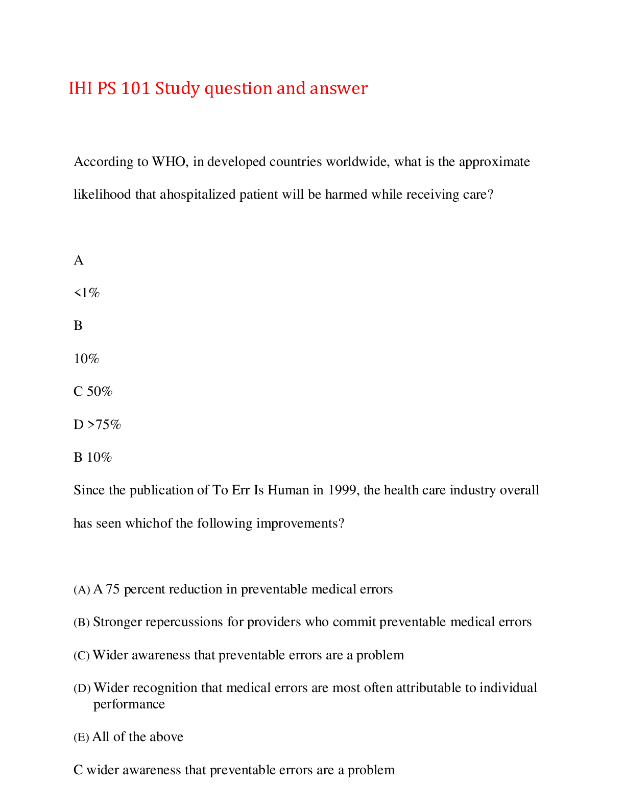 Preview image of IHI PS 101 Study question and answer,100% CORRECT document