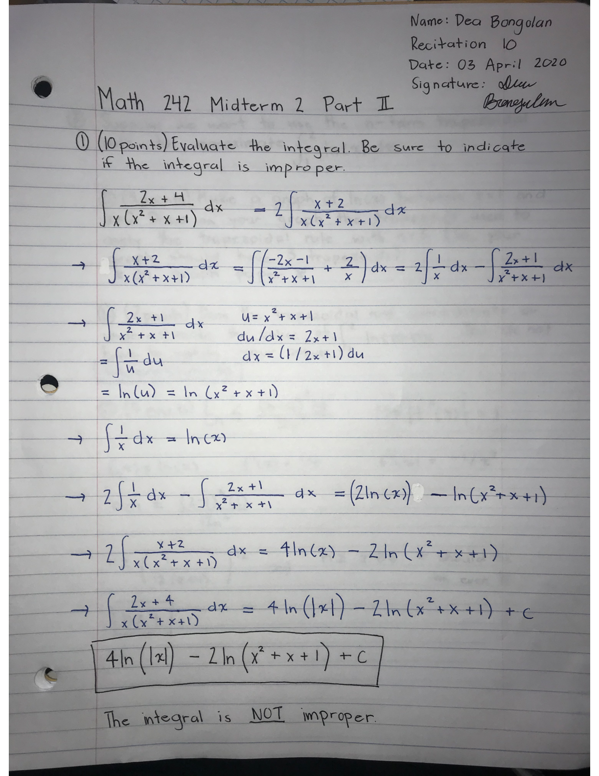 Preview of University of Hawaii, Manoa - MATH 242IMG_265  DETAILED ANSWERS TO EXAM ( ANSWER KEY )