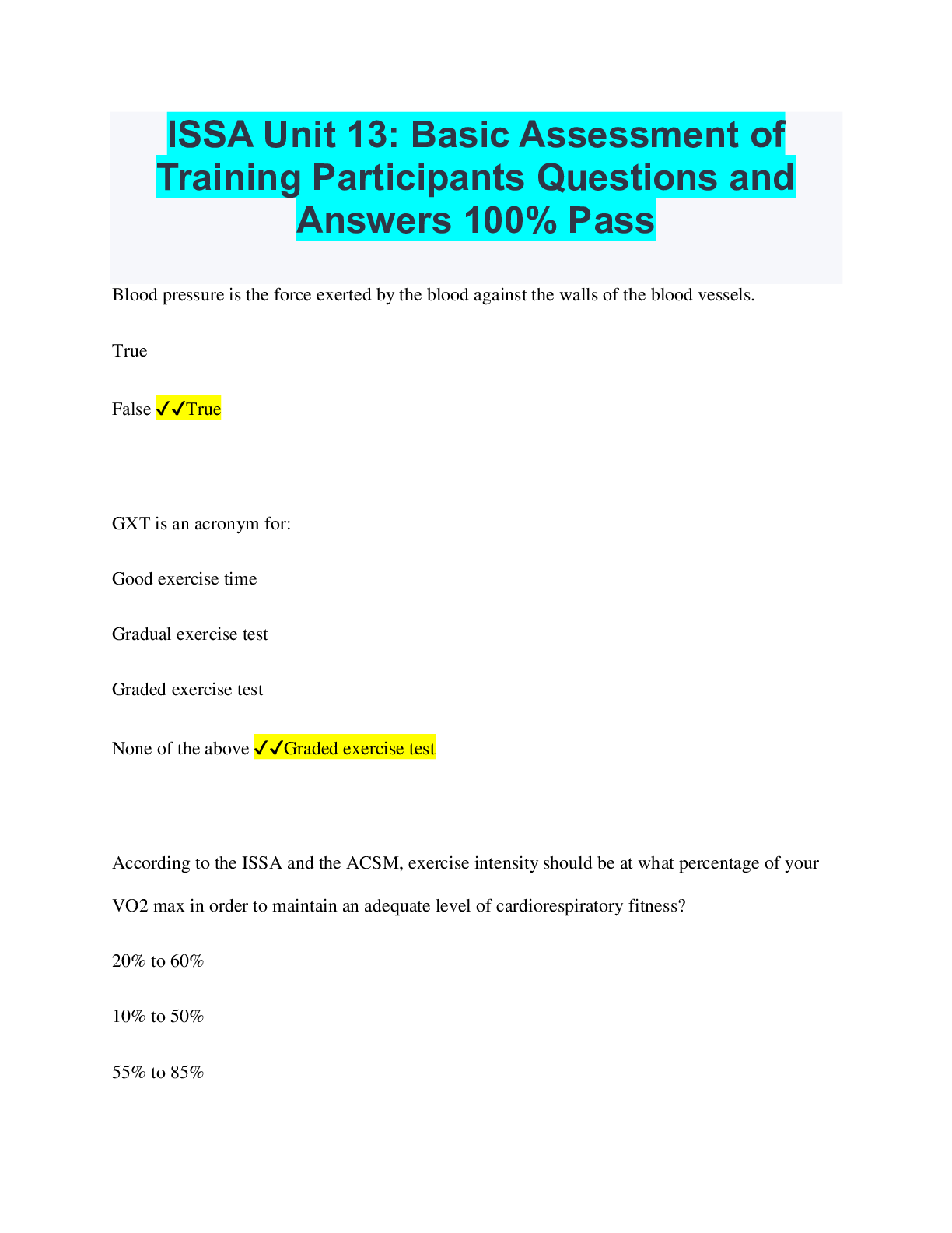 ISSA Unit 13: Basic Assessment of Training Participants Questions and ...