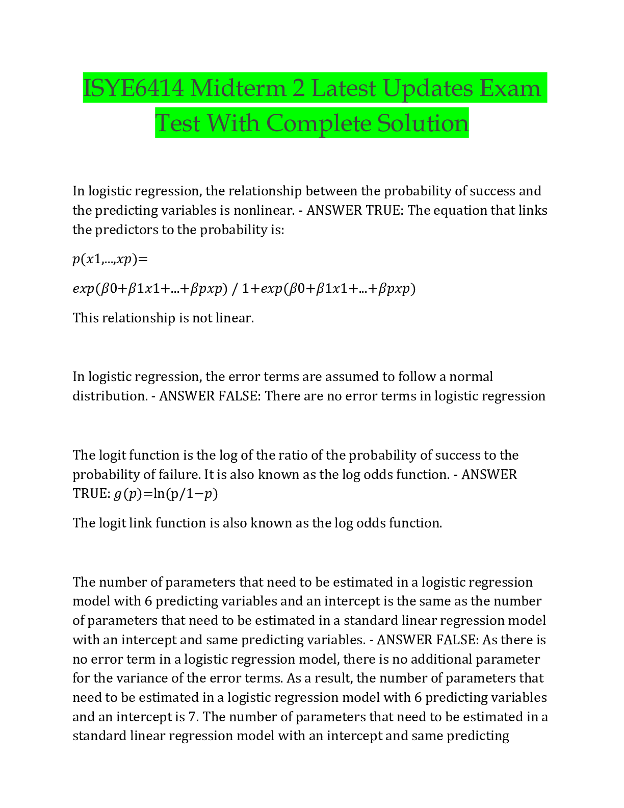 ISYE6414 Midterm 2 Latest Updates Exam Test With Complete Solution ...