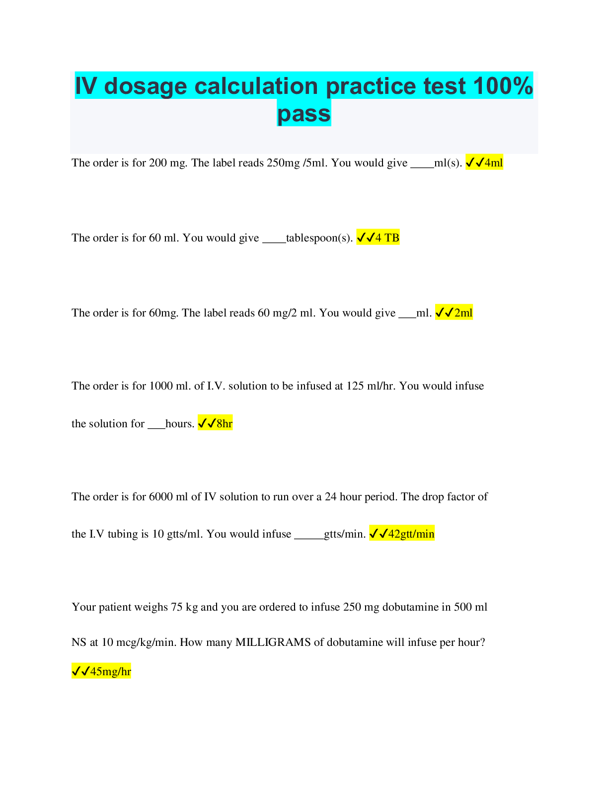 Dosage Calculation Practice Questions with Certified Solutions ...