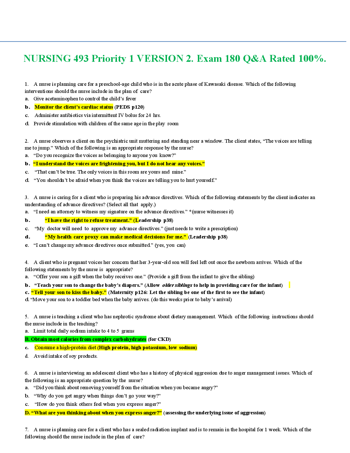 Preview of NURSING 493 Priority 1 VERSION 2. Exam 180 Q&A Rated 100%.