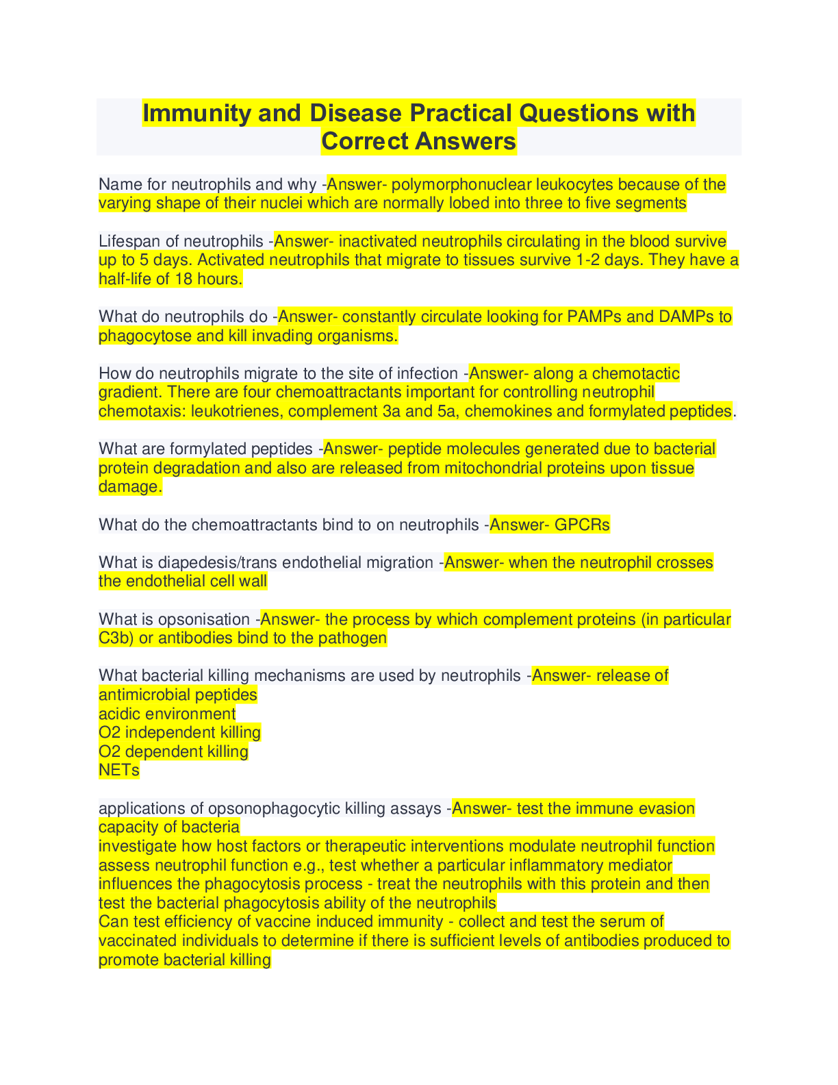 Immunity and Disease Practical Questions with Correct Answers ...