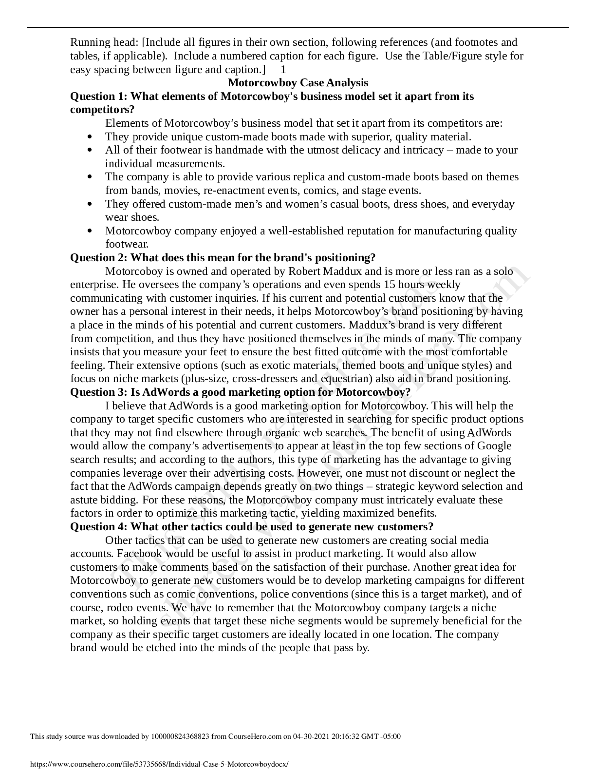 Preview image of MKT 5255Individual Case 5 - Motorcowboy Case Analysis document