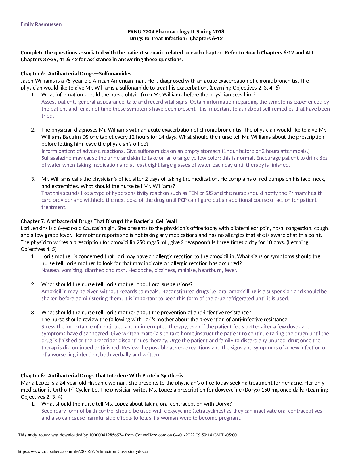Preview of PRNU 2204 Pharmacology II Spring 2018 Drugs to Treat Infection: Chapters 6-12