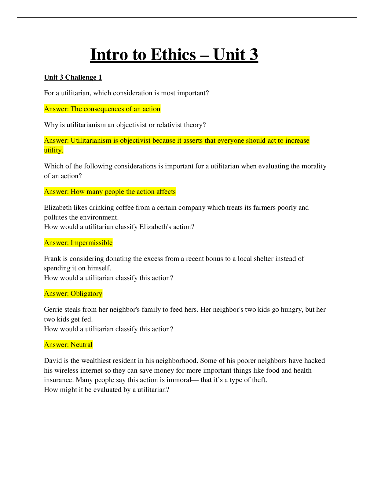 Preview of PHIL 200 Introduction to Ethics Unit 3| Latest Solutions