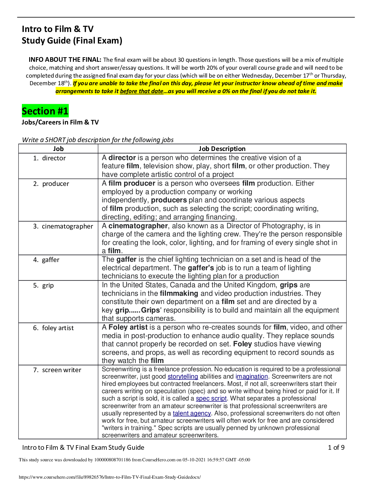 Recommended document preview for INFO ABOUT THE INTRO TO FILM TV - Final Exam Study Guide
