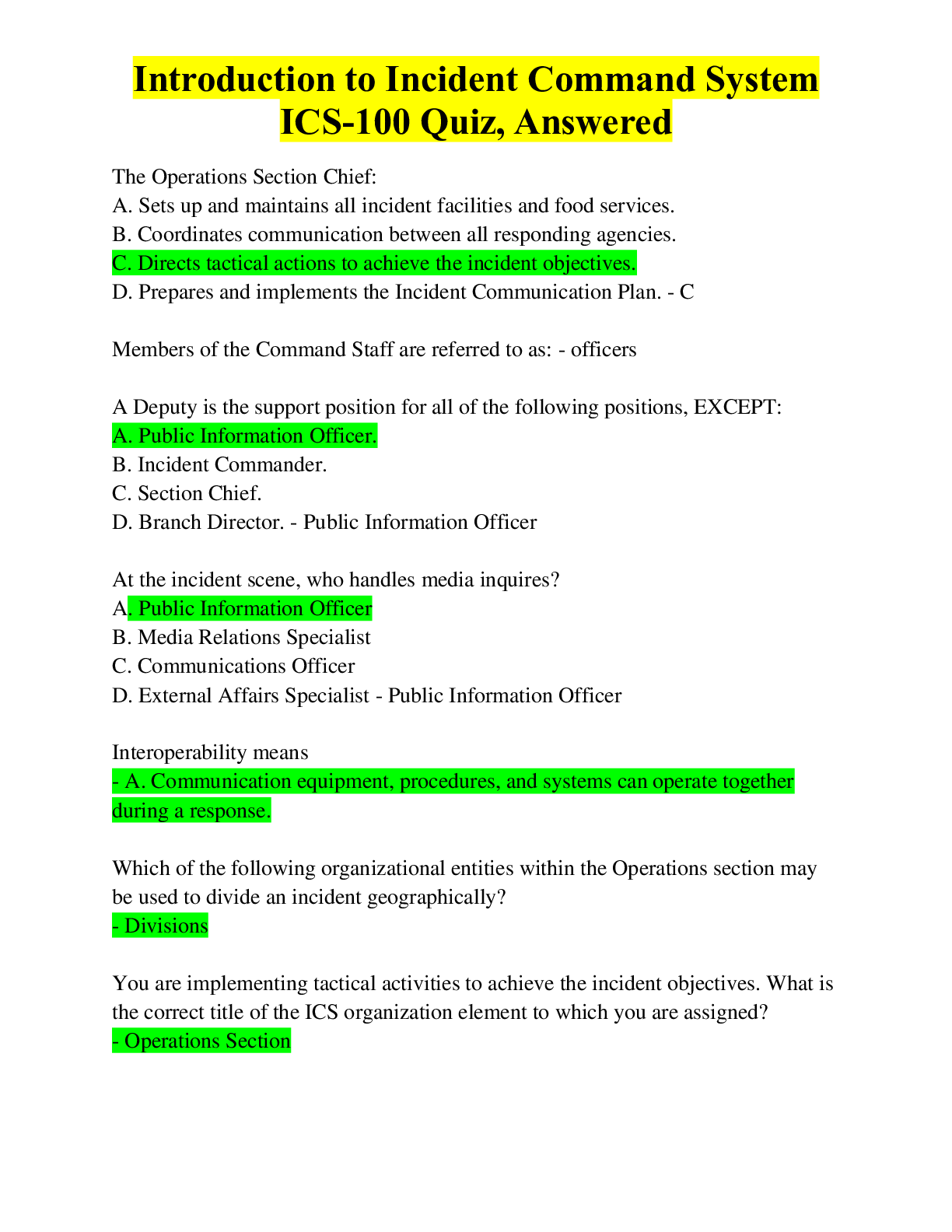 Introduction to Incident Command System ICS-100 Quiz, Answered ...